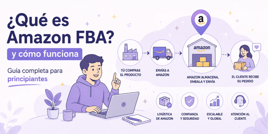 Esquema visual mostrando el funcionamiento de Amazon FBA desde el proveedor hasta el cliente final a través de los almacenes de Amazon