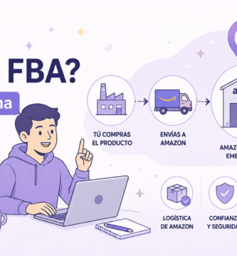 Esquema visual mostrando el funcionamiento de Amazon FBA desde el proveedor hasta el cliente final a través de los almacenes de Amazon