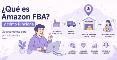 Esquema visual mostrando el funcionamiento de Amazon FBA desde el proveedor hasta el cliente final a través de los almacenes de Amazon