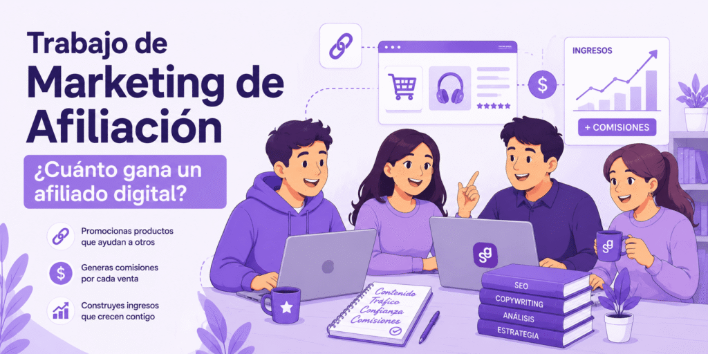 Cuatro personas aprendiendo marketing de afiliación y descubriendo cuánto dinero gana un afiliado digital online desde un ordenador