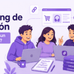 Cuatro personas aprendiendo marketing de afiliación y descubriendo cuánto dinero gana un afiliado digital online desde un ordenador