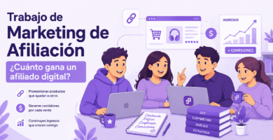 Cuatro personas aprendiendo marketing de afiliación y descubriendo cuánto dinero gana un afiliado digital online desde un ordenador