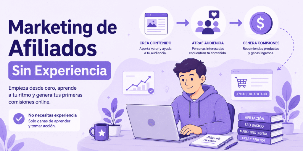 Persona aprendiendo marketing de afiliados desde cero mientras crea contenido y genera comisiones online
