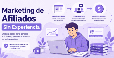 Persona aprendiendo marketing de afiliados desde cero mientras crea contenido y genera comisiones online