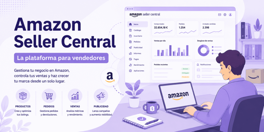 Panel Amazon Seller Central utilizado por vendedores para gestionar productos, pedidos y ventas en Amazon