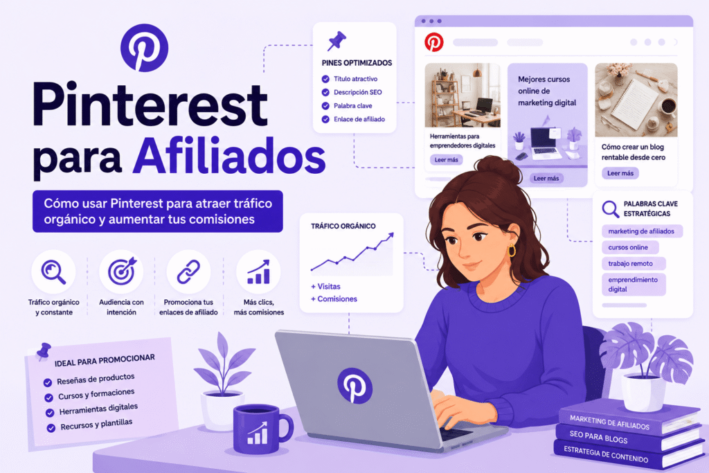 Emprendedora estudiando la oportunidad de trabajar en Pinterest para afiliados