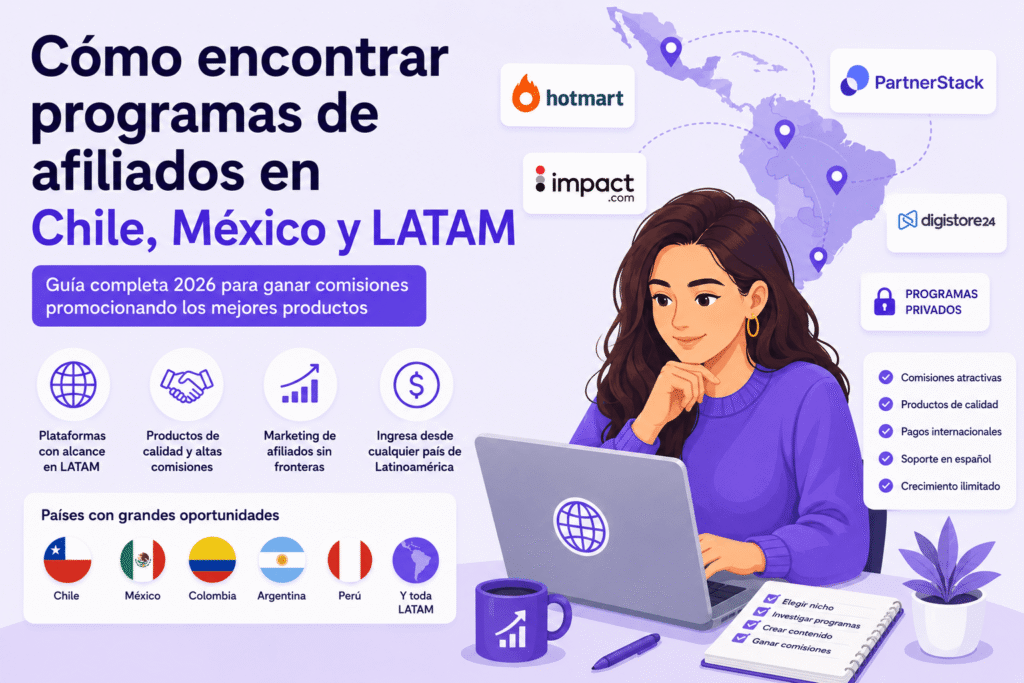 Emprendedora buscando programas de afiliados en LATAM desde su ordenador